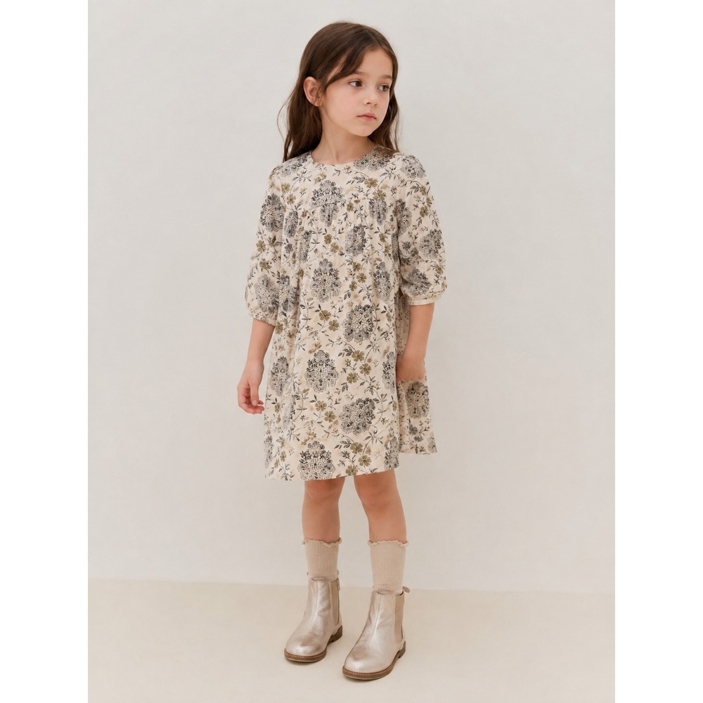 Bonpoint Girls Floral Cotton Wool Empire Waist Dress Cream Olive Size 12